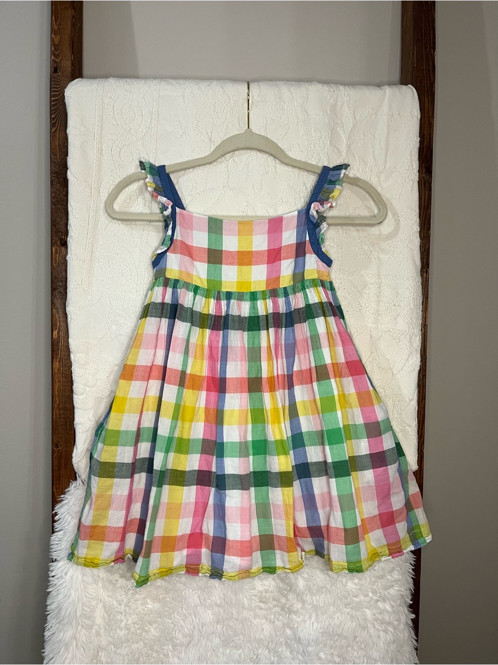 EUC Mini Boden Girls Rainbow Gingham Plaid Ruffle Strap Dress Size 7-8